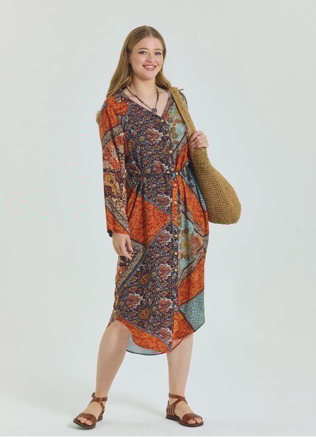 Shirt Collar Belt Detailed Coffee Patterned Casual Plus Size Dress 4614